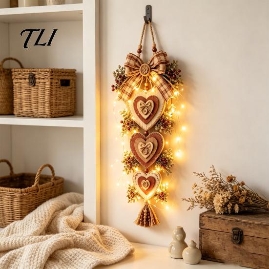 Indoor Outdoor Wall Accents Rustic Heart Shaped Hanging Pendant with Wooden Beads & Bow, Farmhouse Style Art Ornament LED Light for Front Door Living