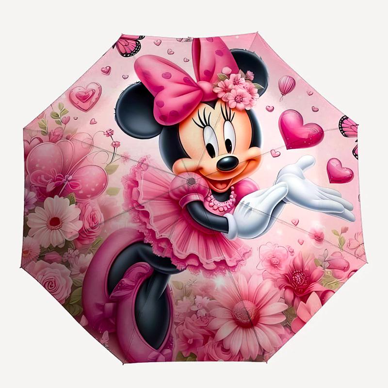 Minnie Mouse, Pink Floral Themed Automatic Opening and Closing Umbrella, Brightly Colored 8-rib Portable Umbrella