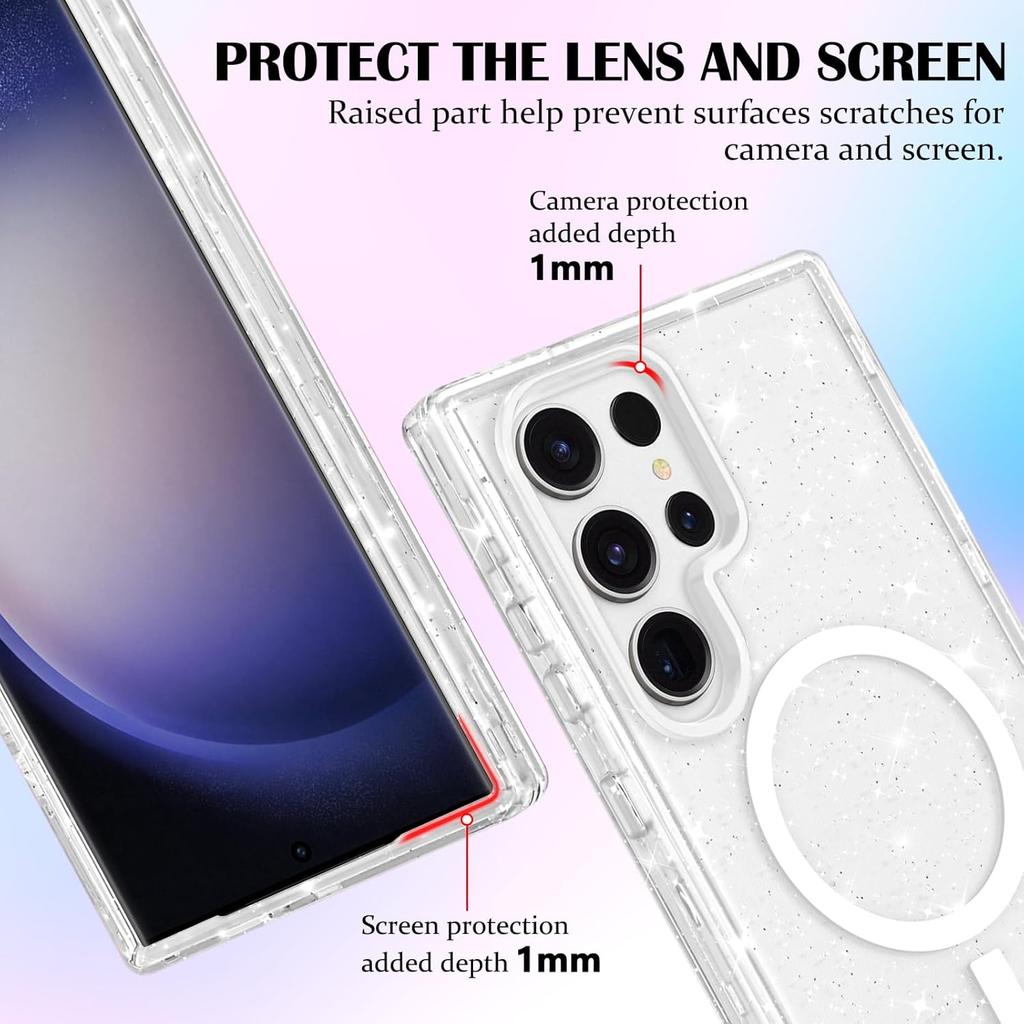 Для Samsung Galaxy S23 Ultra Магнитный чехол, Роскошный сверкающий блестящий прозрачный чехол для женщин, девушек, мужчин, Полная защита от падений, Бампер, Ударопрочный