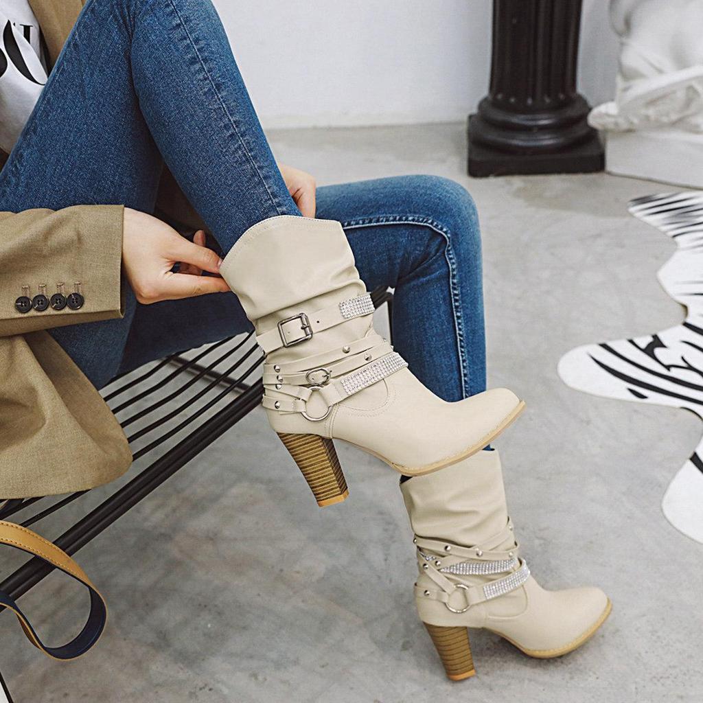 J/зимние новые короткие сапоги на высоком толстом каблуке с круглым носком, европейские и американские декоративные женские ботинки в стиле фэн-шуй с бриллиантовым поясом