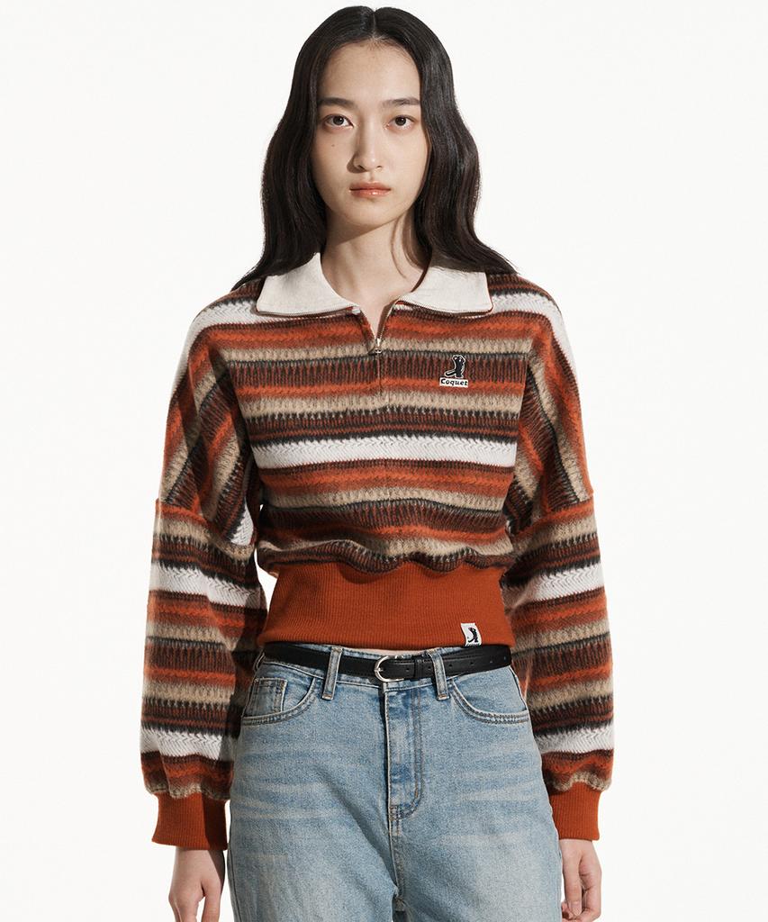 COQUET [ Woman ] Knit Stripe Half Zip-Up Orange