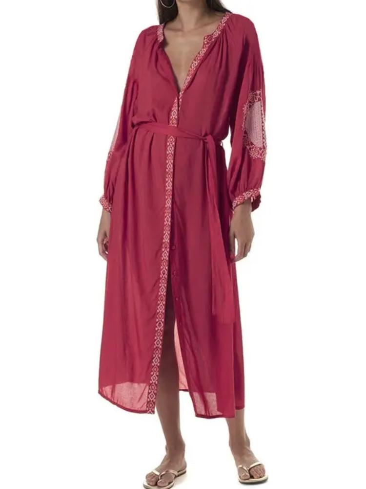 EDOLYNSA Red Bohemian Embroidered Front Open Long Sleeved Beach Dress LongTunic Women Plus Size Beachwear Swimsuit Cover Up Q1010