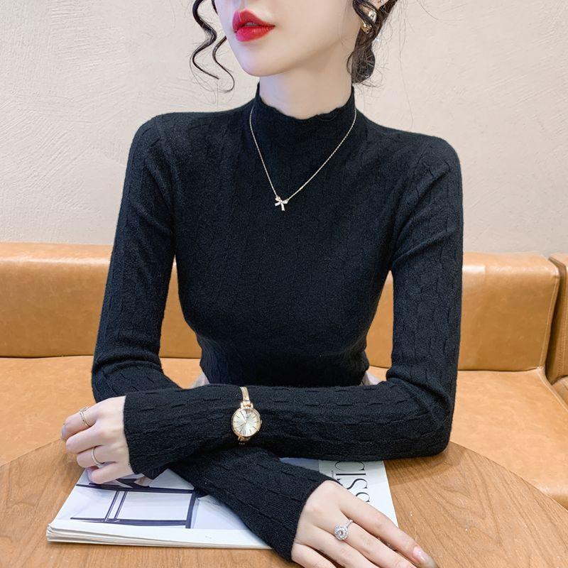 Осенне-зимняя базовая рубашка женская новая тонкая кофта облегающего кроя универсальная прилегающая с полувысоким воротником базовый топ