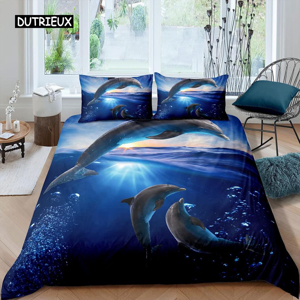3D дельфин в синем море Queen King Size комплекты постельного белья Animal Single Quilt Duvet Cover Set Детская кровать для взрослых Полиэстеровое постельное белье