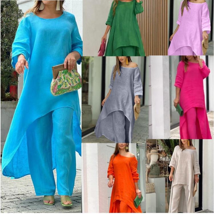 Summer Women Fashion Casual Cotton Linen Suit Irregular Long Sleeve Wide Leg Pants Two-piece Suit Plus Size