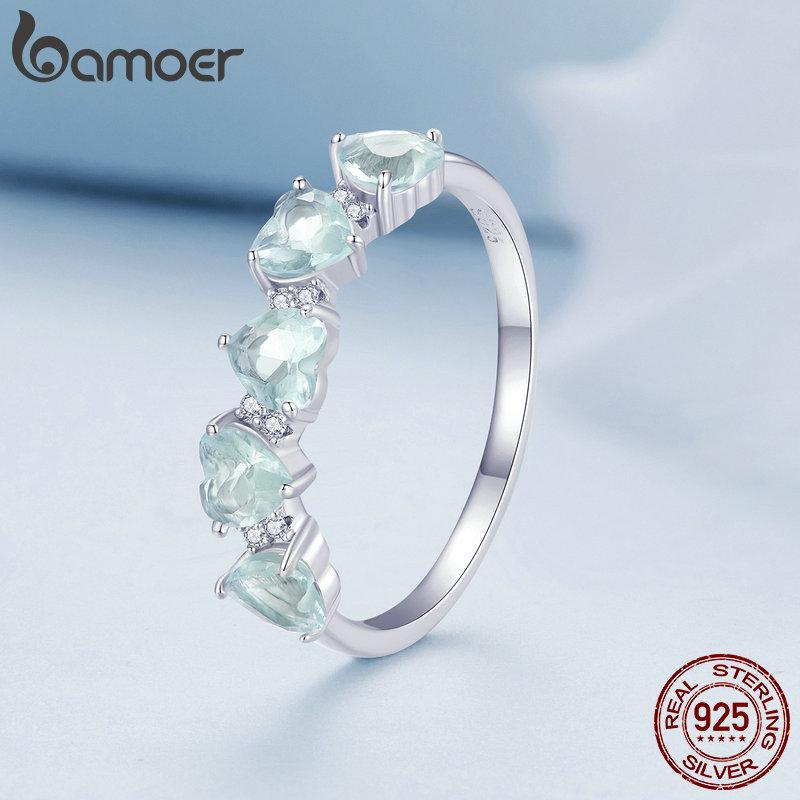 BAMOER 925 Stelring Silver Ocean Blue Heart Cubic Zirconia Wedding Rings Women Romantic Heart-shaped Stackable Ring Birthday Jewelry Gift