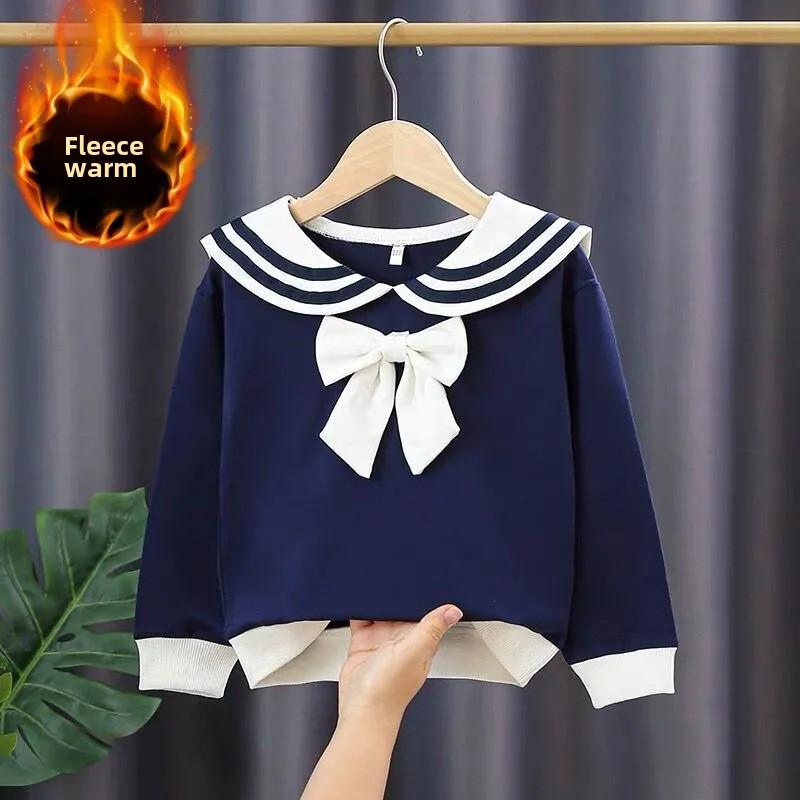 Свитшот для девочек Plus Velvet Navy Collar Sweatshirt - Осень/Зима, Стиль Вестерн, Длинный рукав, Стиль Колледж