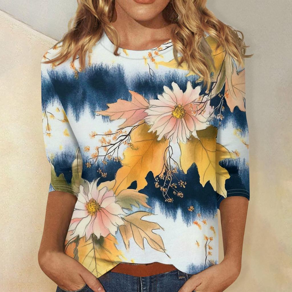 Женская модная повседневная свободная футболка с круглым вырезом и рукавами 3/4 с принтом, женский топ