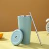 Кружка для кофе из нержавеющей стали с двойной изоляцией, соломинкой и крышкой, большая емкость для воды, бытовая высококачественная удобная посуда для питья