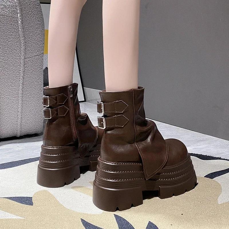 Женские толстые мотоциклетные ботинки 10 см, осенние кожаные кроссовки со скрытым каблуком, зимние водонепроницаемые ботинки для снега, высокие ботильоны на платформе