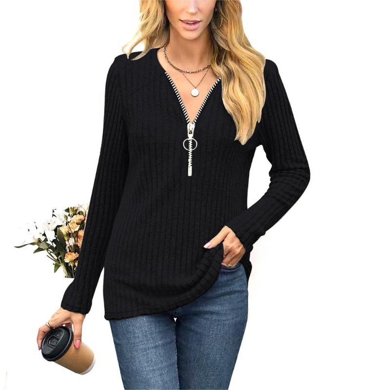 Женская осенняя футболка, сексуальная нагрудная молния, плиссированная, повседневная, с V-образным вырезом, длинными рукавами, женская футболка