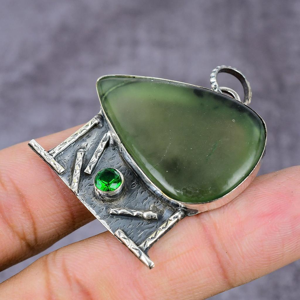 Натуральный Моховой Пренит, Диопсид Драгоценный Камень 925 Стерлинговое Серебро Подвеска 2.27" C6s18