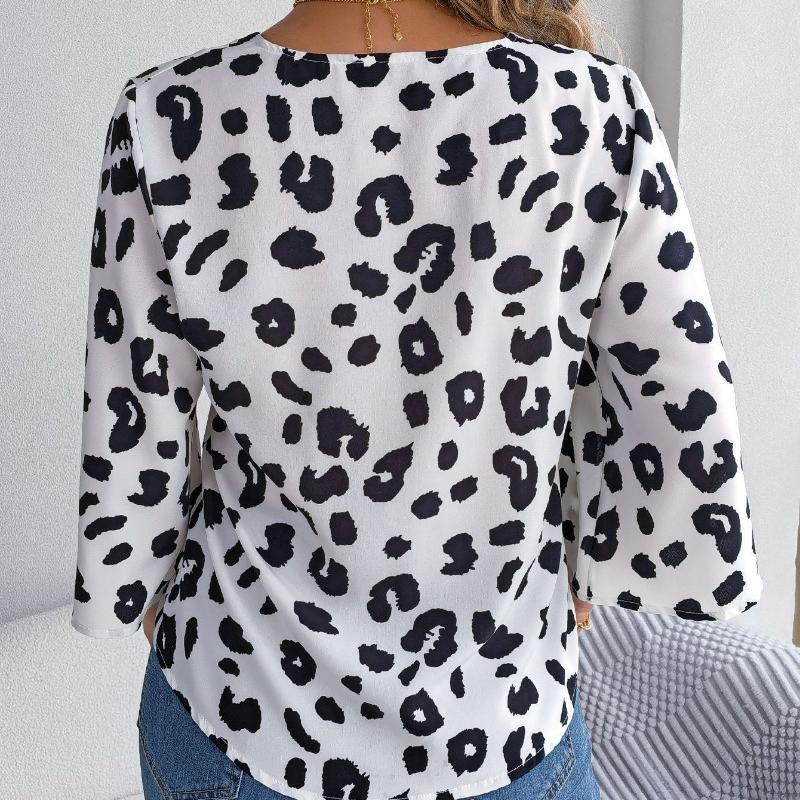 Fashion Long Sleeve Leopard Print Blouse Women Loose Elegant Casual Shirts for Women Vintage V Neck Lace Up Office Lady Tops 24118