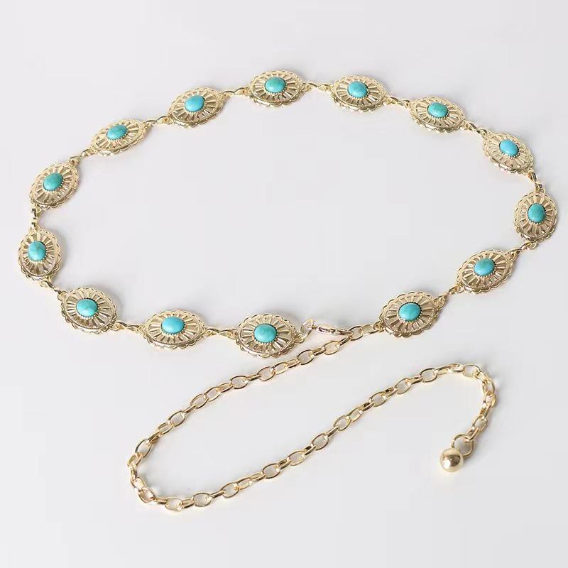 Bohemian Style Oval Turquoise Waist Chain Retro Decoration Belts For Women Girls  Versatile Dress Coat Carved Accessories