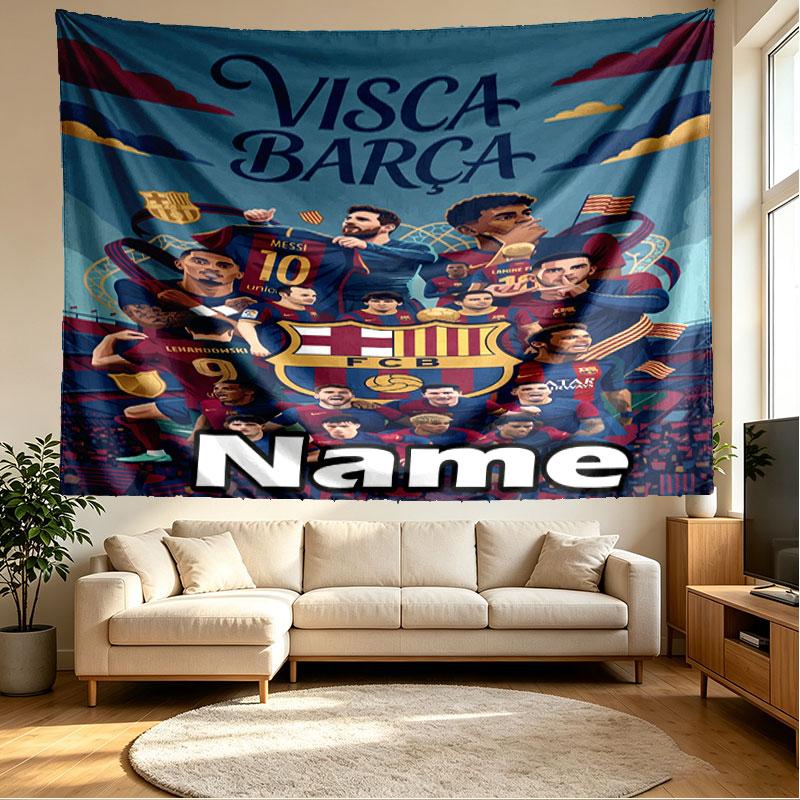 Custom Name Personalized Barcelona FC Soccer Print Tapestry, Wall Art Decor, Bedroom, Dorm, Apartment, LivingRoom, Party Backdrop, Gift for Birthday