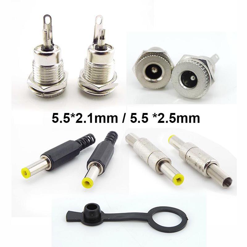 10pcs Silver Metal DC Power Male Female Socket Plug Jack Connector 5.5x2.1mm 5.5mm X 2.5mm with Spring Yellow Head 5.5*2.1 5.5*2.5mm