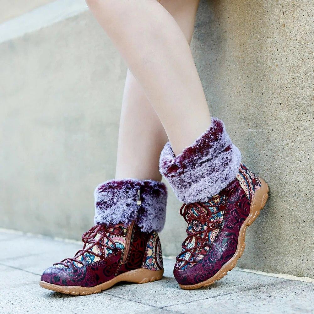 Johnature Handmade Genuine Leather Printed Short Boots With Plush Warm Comfortable Snow Boots Women Shoes