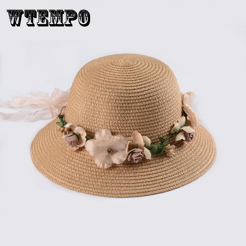 Straw Sun Hat with Decorative Faux Roses, Breathable UV Protection Wide Brim, Comfortable Portable Flat Top Cap
