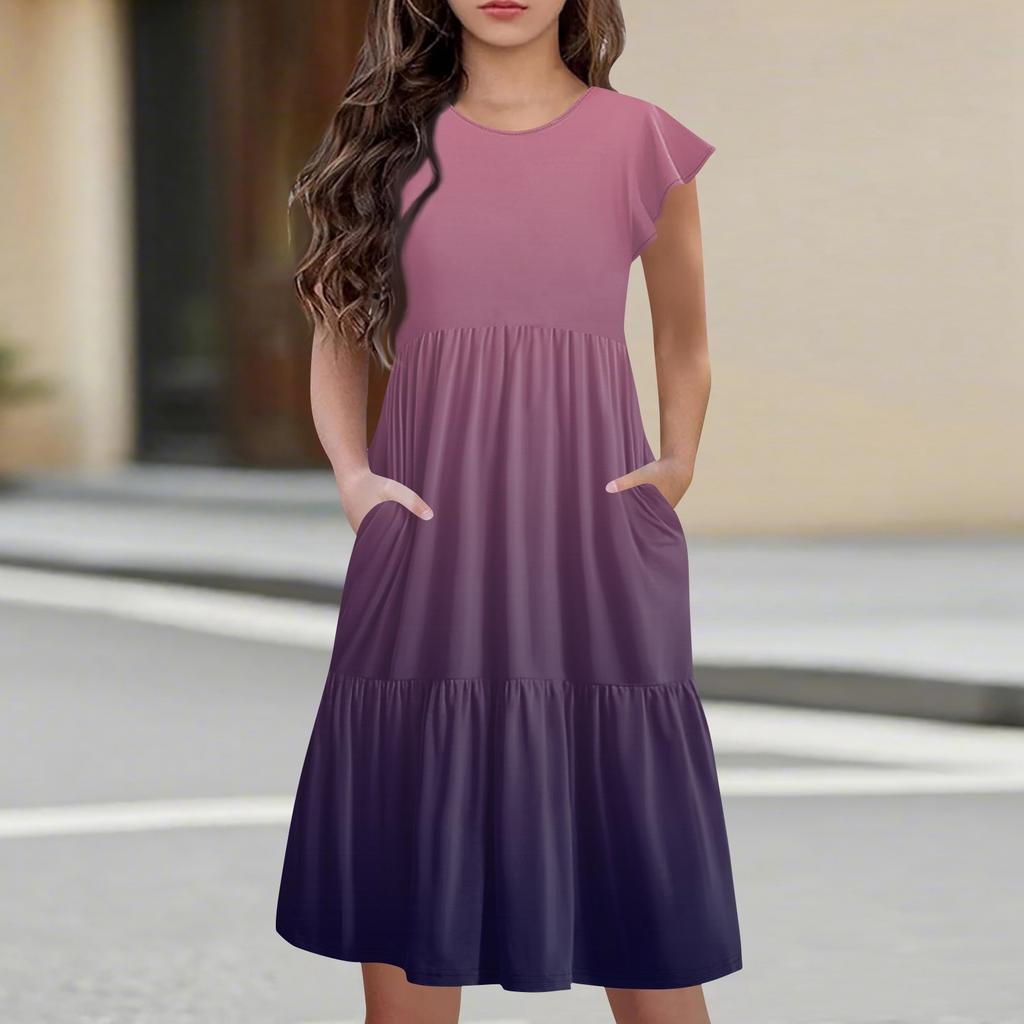 Детская юбка с круглым вырезом, плиссированная, с коротким рукавом, юбка принцессы, модное повседневное платье с карманами для девочек