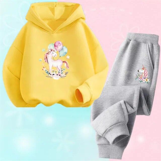 Хлопковый костюм с капюшоном из мультфильма единорога и пони для девочек, толстовки и штаны, комплект из двух предметов, весенне-осенняя спортивная одежда для детей 3-14 лет