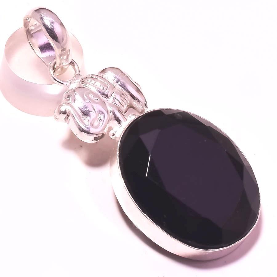 Black Spinel Gemstone Pendant Handmade Gift Antique Design Jewelry 2.1" H8W01