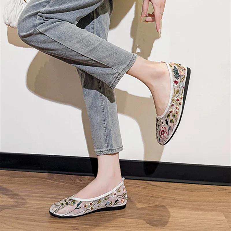 2025 Вышитые Цветочные Мокасины Женские Модные Легкие Дышащие Сетчатые Мюли Плоские Туфли Нескользящие Балетки С Небольшим Носком