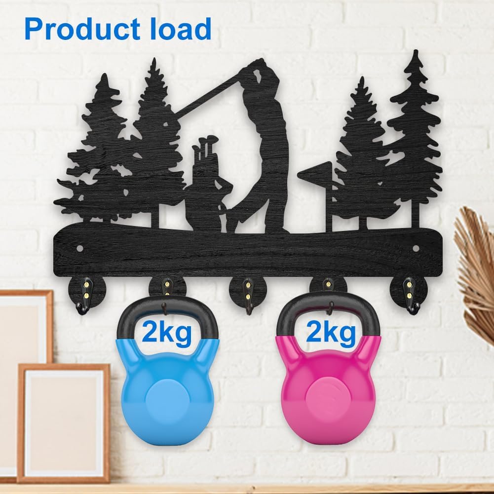 MAYJOYDIY Golf Coat Racks Wall Mounted Wood Golf Clubs Tree Key Hangers for Wall 11.8×7.9inch Black Key Holder 5 Alloy Hooks Home Decor Gifts