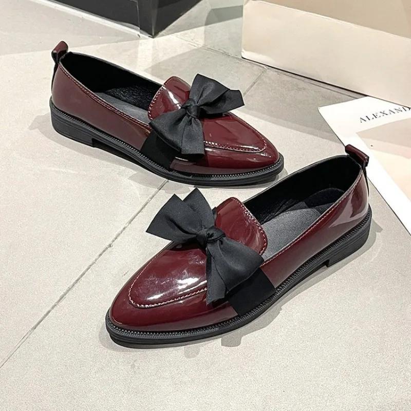 Женские лоферы с заостренным бантом 2024 года, новая весенняя удобная официальная обувь, модные туфли Мэри Джейн для женщин больших размеров, повседневные туфли на плоской подошве
