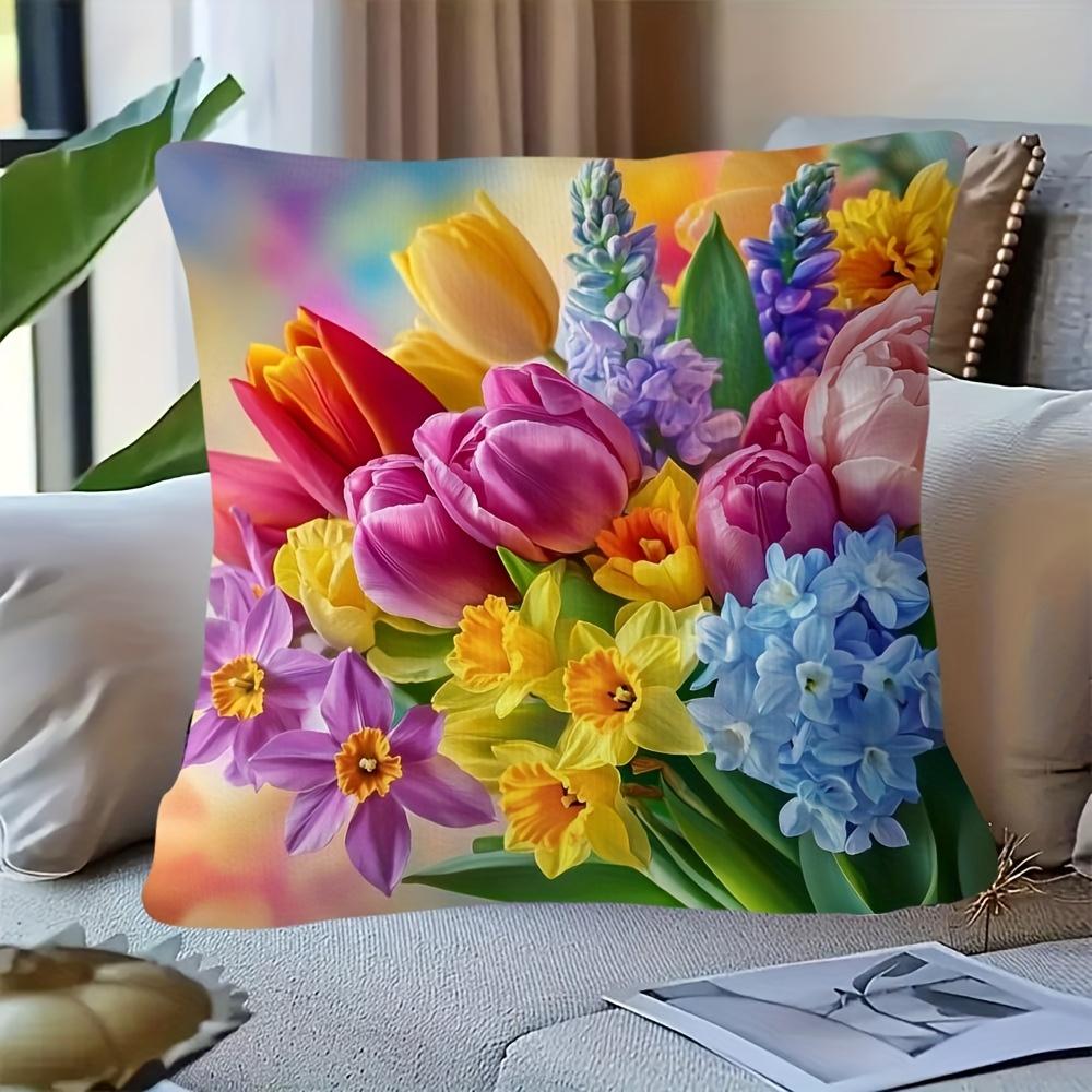1Pc 2D Flat Retro Dutch Floral Pillowcase Double Sided Spring Flower Cushion Cover Zipper Closure Bright Color Tulip Dandelion
