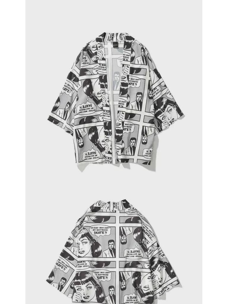 Унисекс японский ретро-кимоно-кардиган Ukiyoe - темный, свободный крой, рукав 3/4