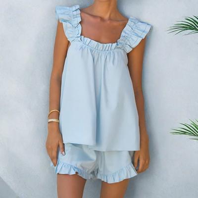 Женский пижамный комплект из 2 предметов: майка с оборками и шорты, летний комплект без рукавов для отдыха на бретельках