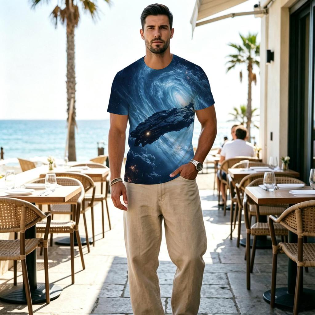 Men's Starry Sky Theme 2D Print Polyester T-Shirts – Fashionable Versatile Tops for Daily Casual & Halloween Wear