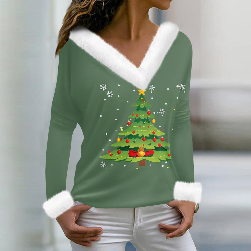Женская мода повседневная плюшевая кофта с длинным рукавом и V-образным вырезом с рождественским принтом