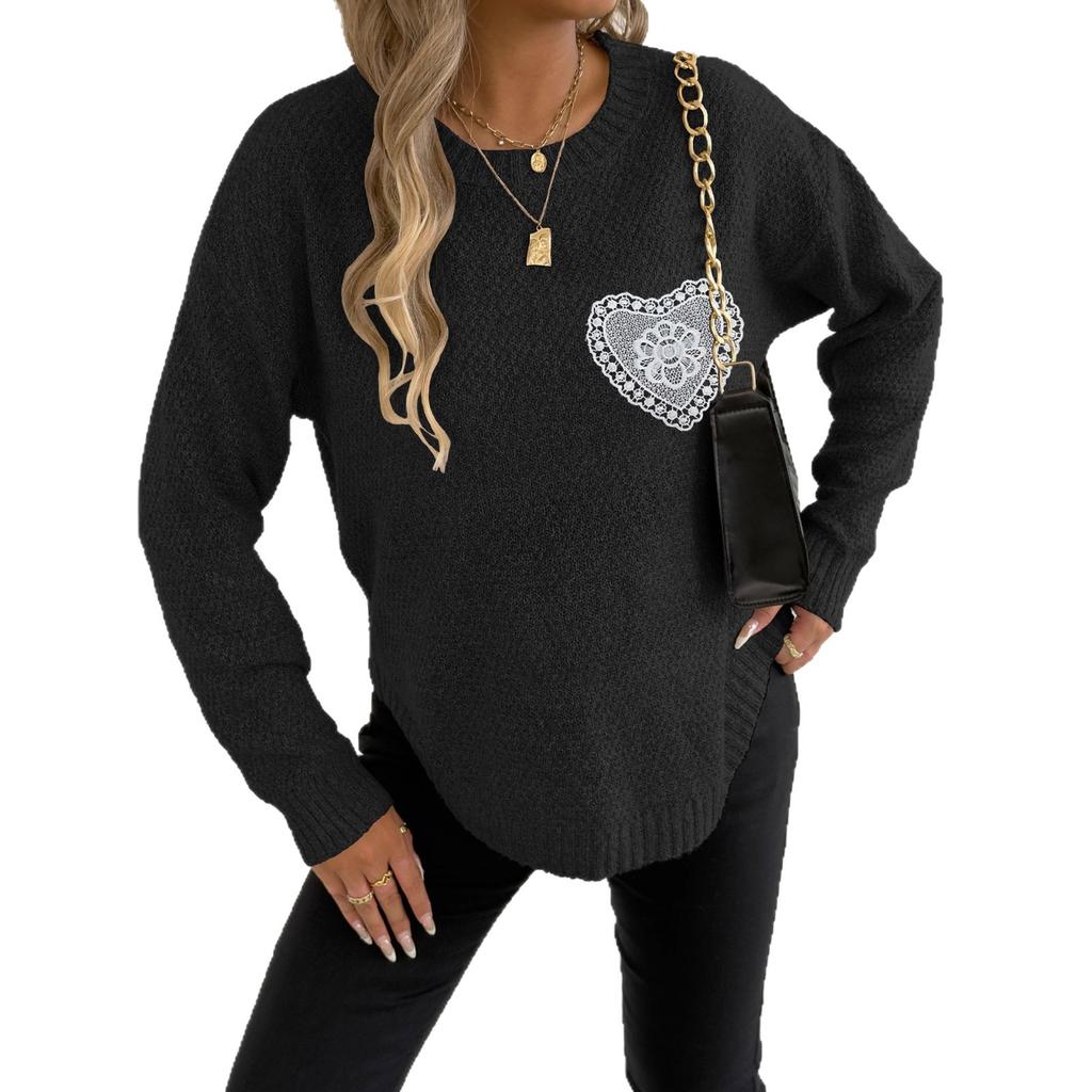 Шерстяной топ с кружевными карманами с прорезями и пуловер с круглым вырезом для женщин