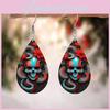Halloween Themed Flower Skull Patterns Water Droplet Shaped Women Earrings For Night Party Gothic