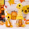 Adorable Yellow Checkered Gnome Figurine For Thanksgiving With Autumn Leaves And Sunflower Accents