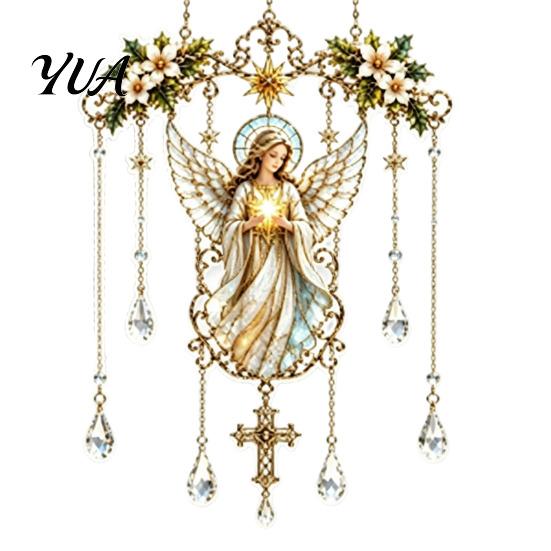 Spiritual Room Ornament Stained Glass Effect Blessing Suncatcher, Acrylic Angel Prayer Window Hanging Memorial Keepsake with Faux Crystal Charm