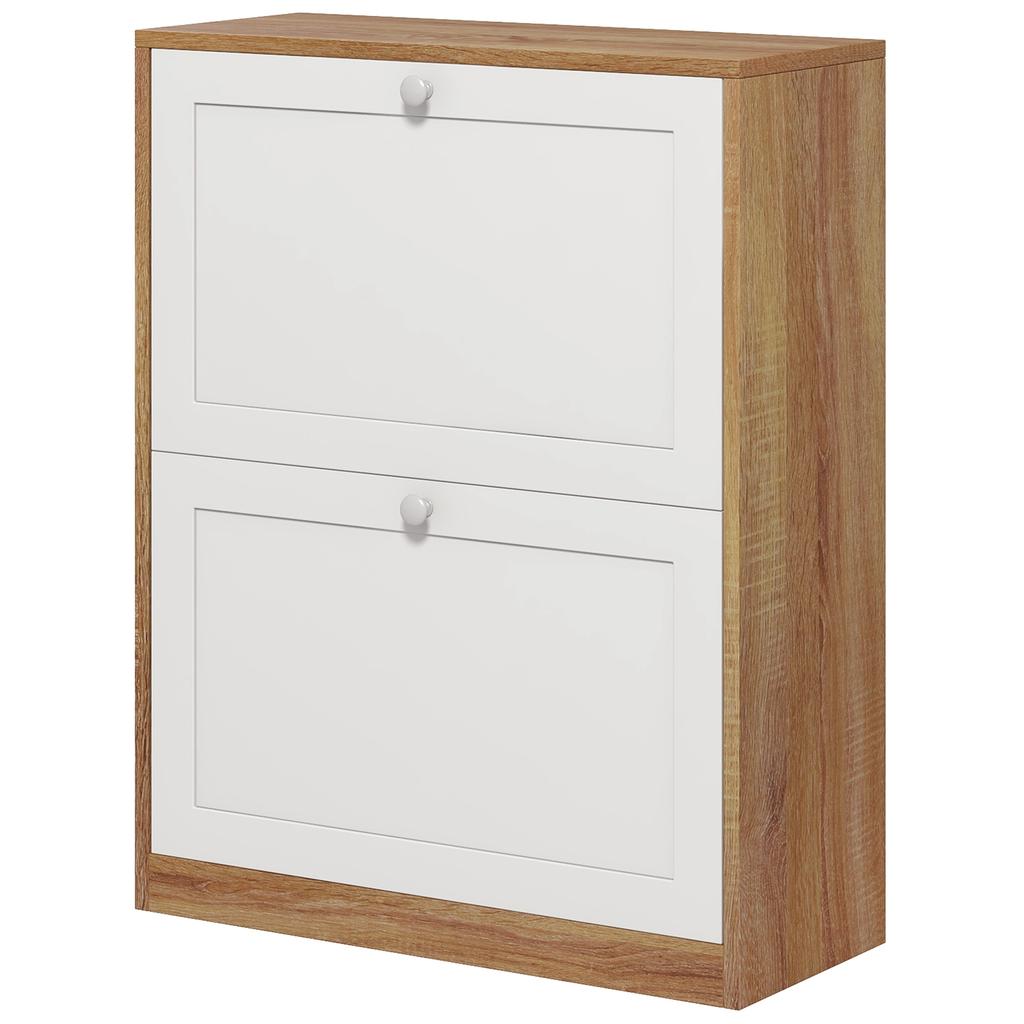 Narrow Shoe Cabinet, 2 Doors, Adjustable Shelves, for 12 Pairs, 60x24.5x75.5cm, Natural & White