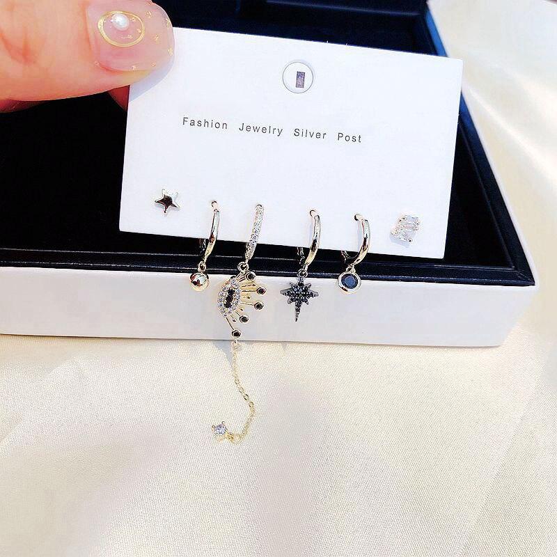 Новейший дизайн, комплект серег-колец в форме звезд с синими фианитами, модные серьги с микро-инкрустацией из циркония для женщин, комплект из 6 предметов