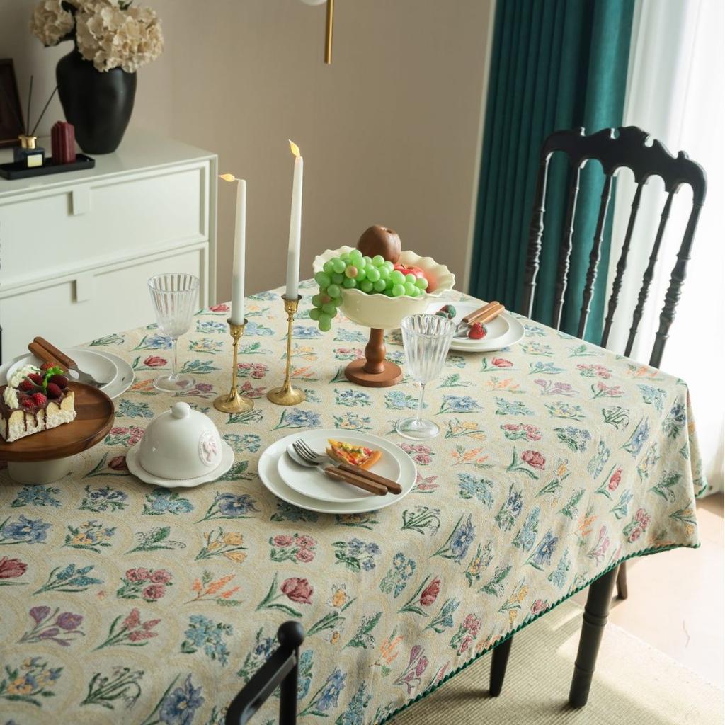 Tablecloth French Retro Green Plant Dining Table Cloth Jacquard Rectangular Tablecloth Hyacinth