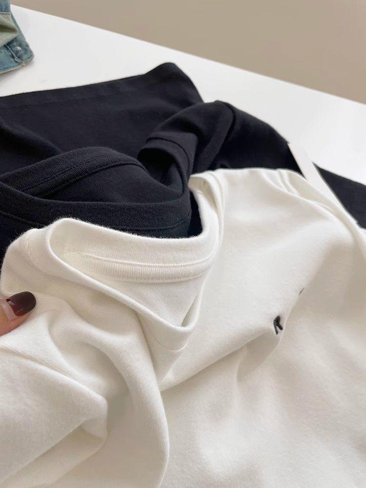 Женская модная футболка с вышивкой и короткими рукавами - Матовая, приталенного кроя, однотонная футболка с круглым вырезом для осени