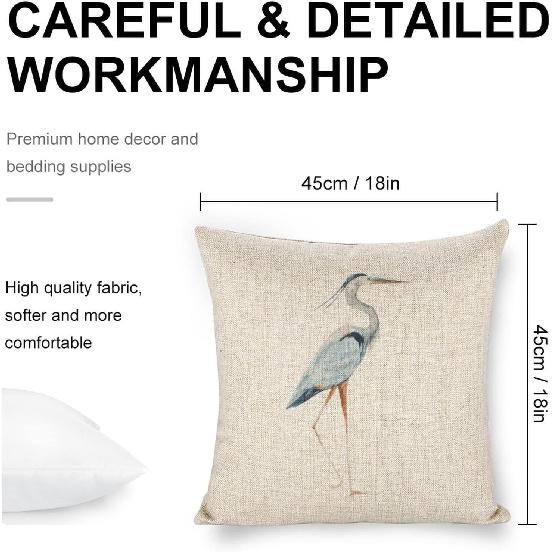 Linen Throw Pillow Covers Blue Egret on Coastal 18x18 Decorative Pillows for Bed Couch Cushion Sofa Outdoor