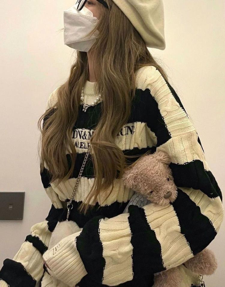 Винтажный полосатый вязаный свитер женский Harajuku Ретро джемпер с вышивкой букв модные свободные повседневные открытые топы Y2K