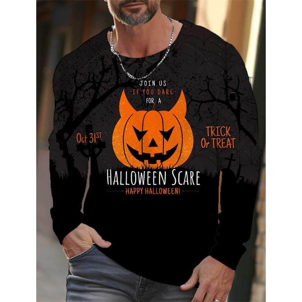 Autumn and Winter Men's Long Sleeve Halloween 3D Printed Pumpkin Print T-Shirt Men's Streetwear Round Neck Long Sleeve