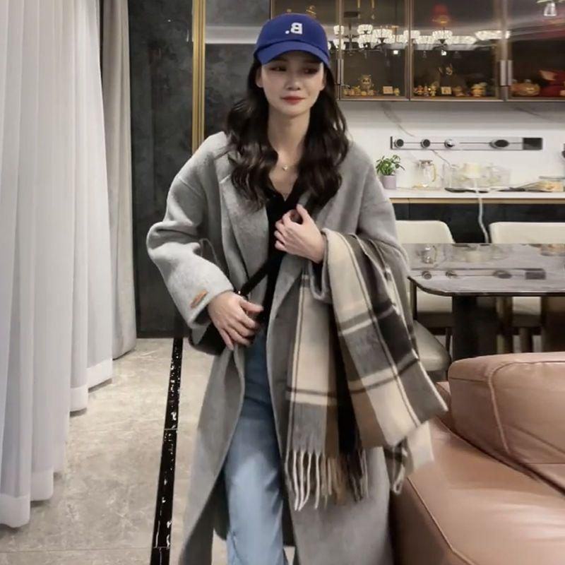 2025 Autumn/Winter Grey Mid-Length Double-Faced Wool Coat: Loose Hand-Stitched Korean Style Women's Overcoat