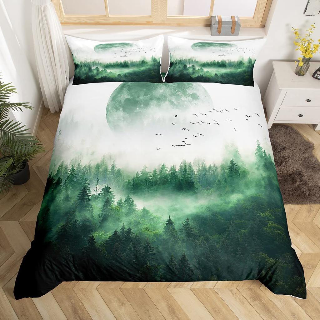 Smoky Mountain King Queen Duvet Cover Grey Fog Pine Trees Bedding Set Retro Natural Scenery Art 2/3pcs Polyester Quilt Cover