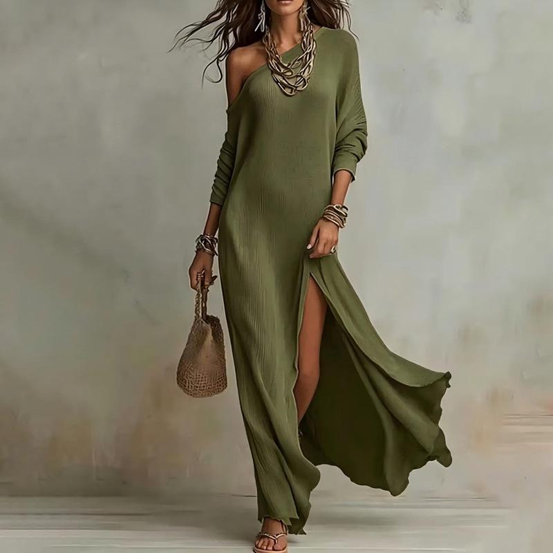 Women S Off Shoulder Slit Solid Fitted Long Dress Street Style