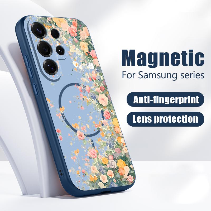 Магнитный Чехол Для Magsafe Для Samsung Galaxy S26 Ultra S25 Edge S24 Plus S23 FE S22 A54 A55 A56 5G С Рисунком Цветочный Сад Матовый Чехол