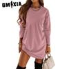 Autumn and Winter Solid Color Long Sleeve Irregular O-Neck Long T Dress for Women Sweaters