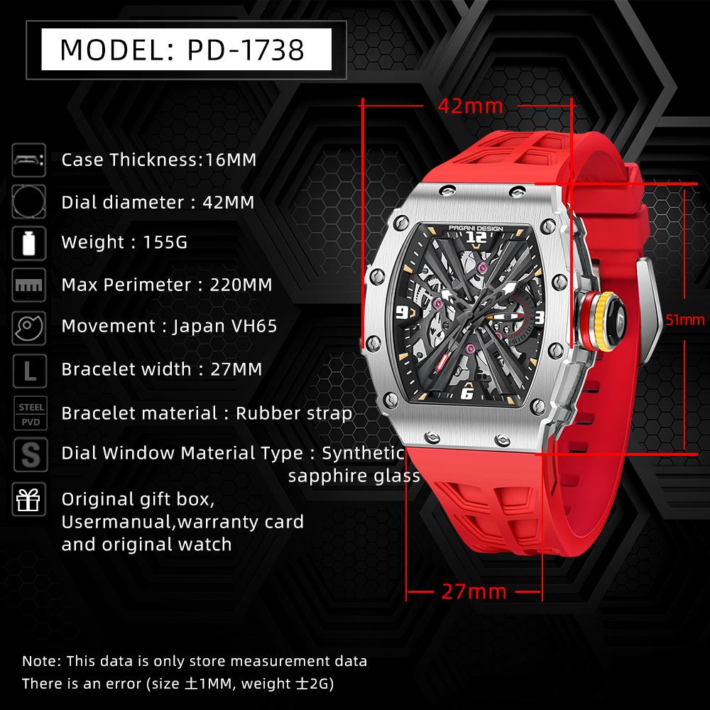 PAGANI DESIGN Luxury Mens Quartz Watches Barrel Shape Waterproof Wrist Watch For Men VH65 Silicone Luminous Sapphire Mirror